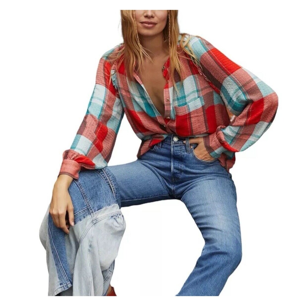 Anthropologie Pilcro Breezy Button Down Bohemian Plaid Buffalo Top Blouse Small